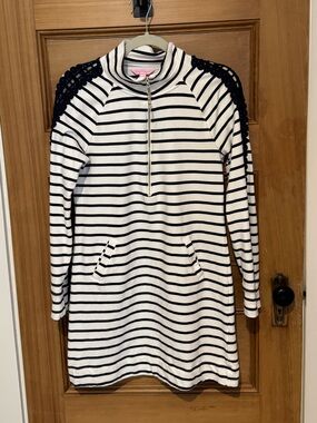 Lilly Pulitzer Navy & White Striped Pullover Dress with Crochet Shoulder